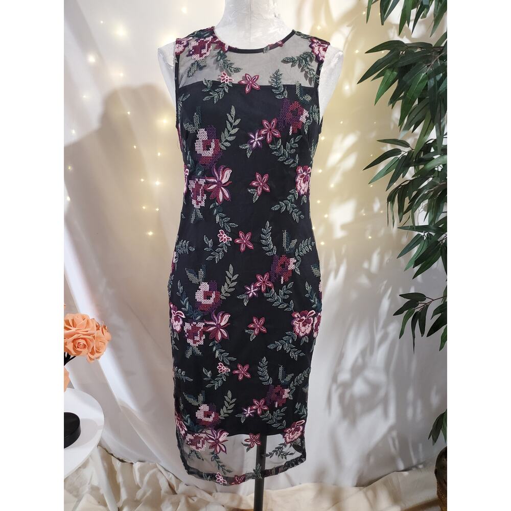 Calvin Klein Embroidered Cross Stitch Floral Sheer Mesh Overlay Dress 6 Cottage